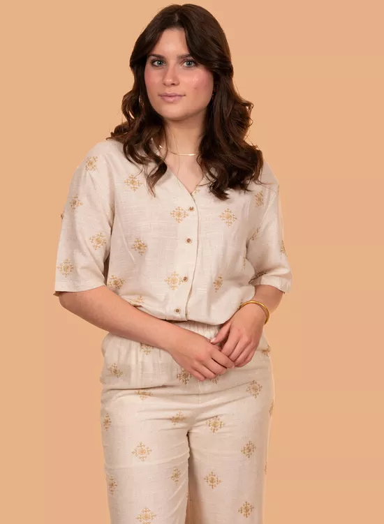 Linnen blend blouse patroon beige